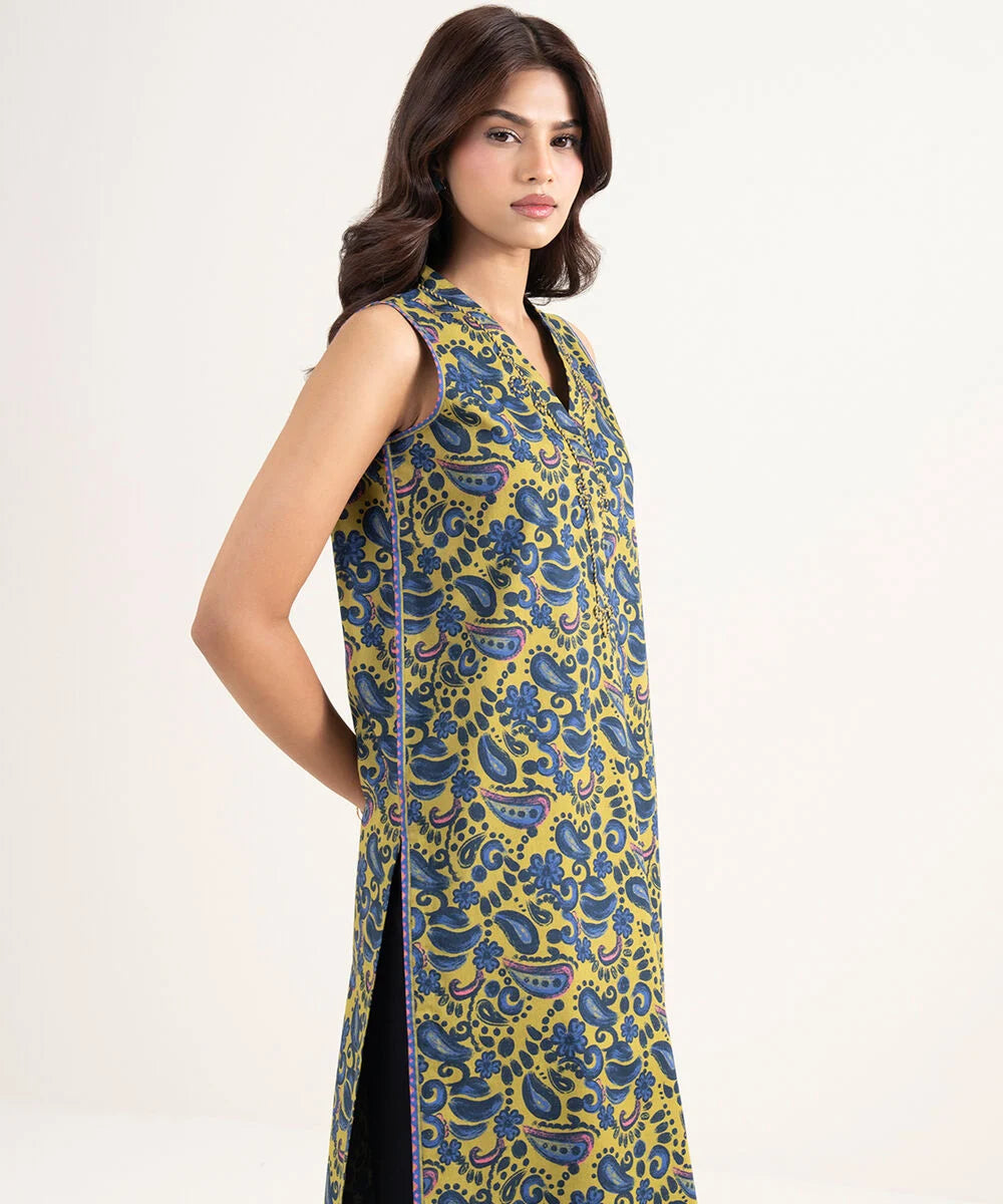 Mustard & Blue Printed Fabric – Unstitched 1 Piece (2.75m) - Aura By Zuha